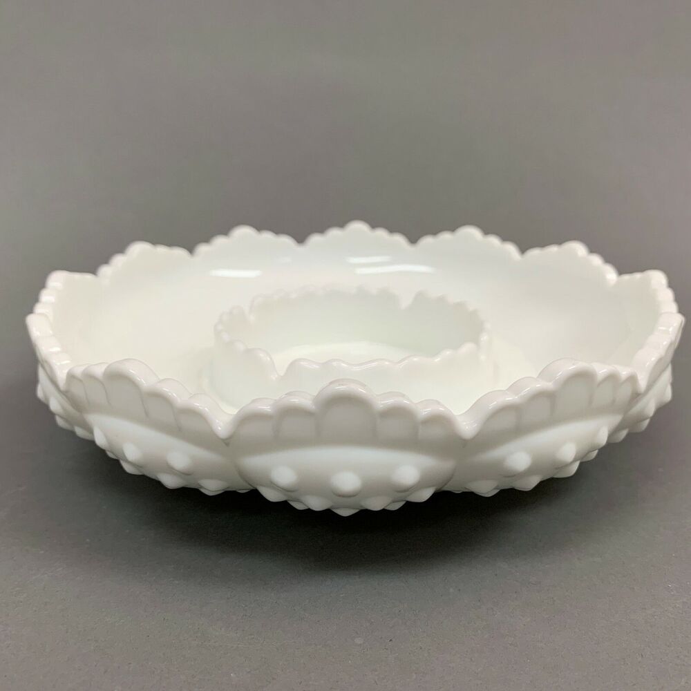 Fenton White Milk Glass Hobnail‎ Chip & Dip Bowl Plate Ashtray Candle Holder